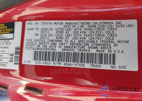 2006 Toyota Tacoma Prerunner V6 z USA, uszkodzony, nr VIN 5TETU62NX6Z265482